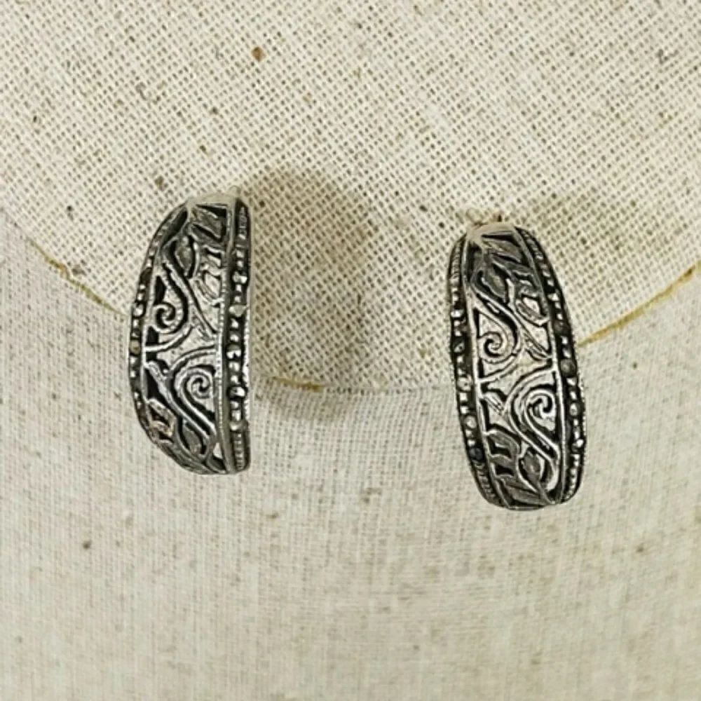 925 Sterling Silver Marcasite Dangle Filigree Hoop Pierced Earrings Good conditi